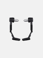 Pair of black motorcycle lever guards with silver mounting ends on white background