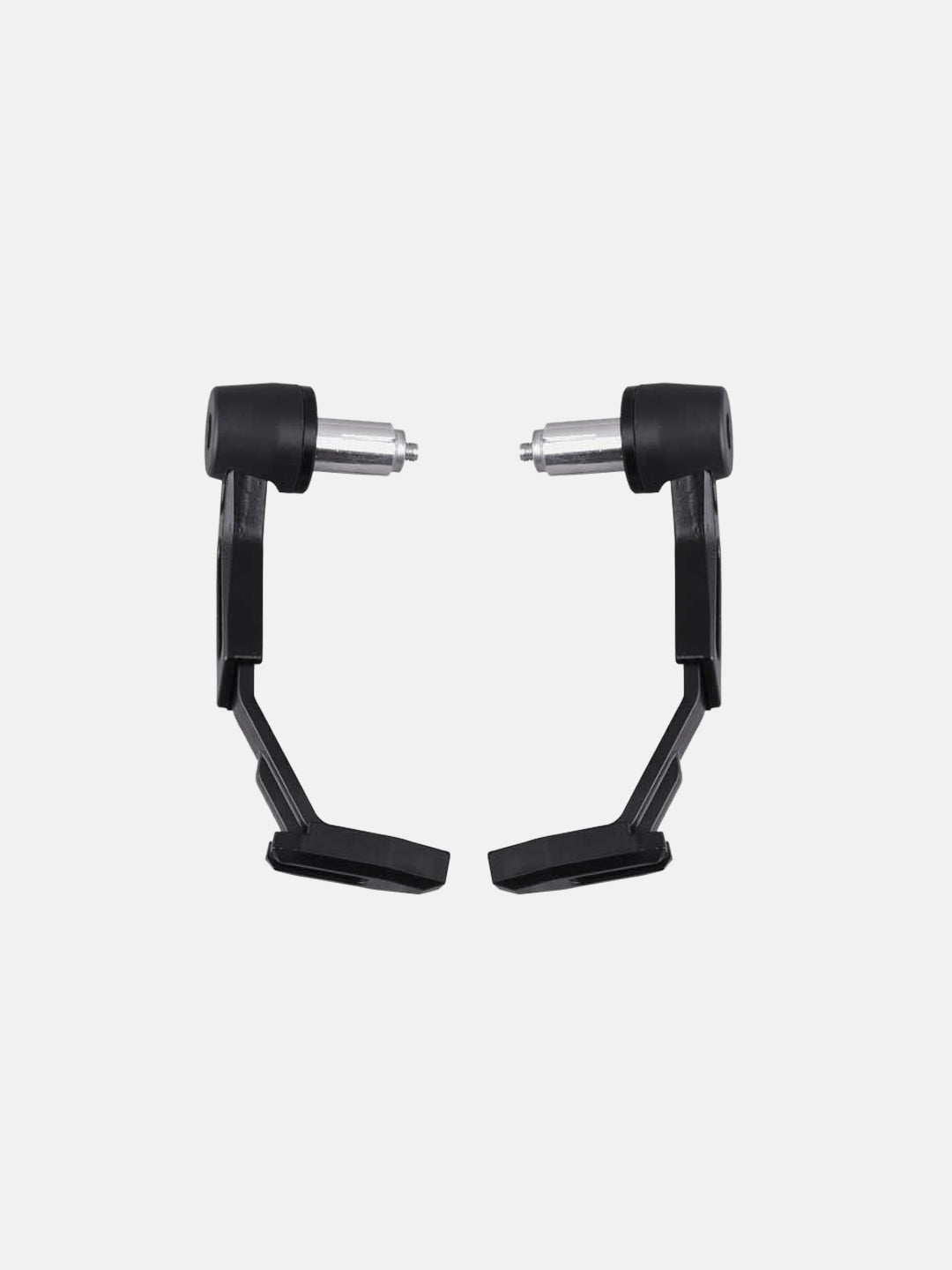 Pair of black motorcycle lever guards with silver mounting ends on white background