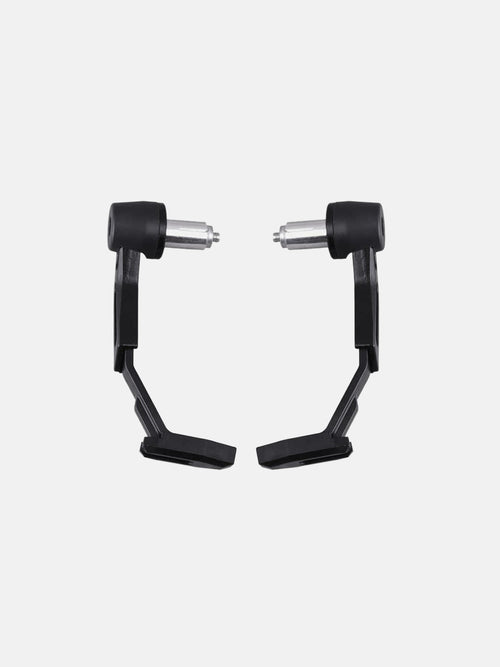 Pair of black motorcycle lever guards with silver mounting ends on white background