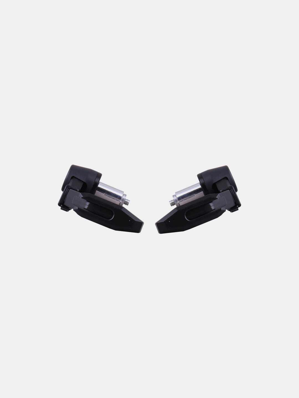 Pair of black motorcycle lever guards with silver bolts on white background