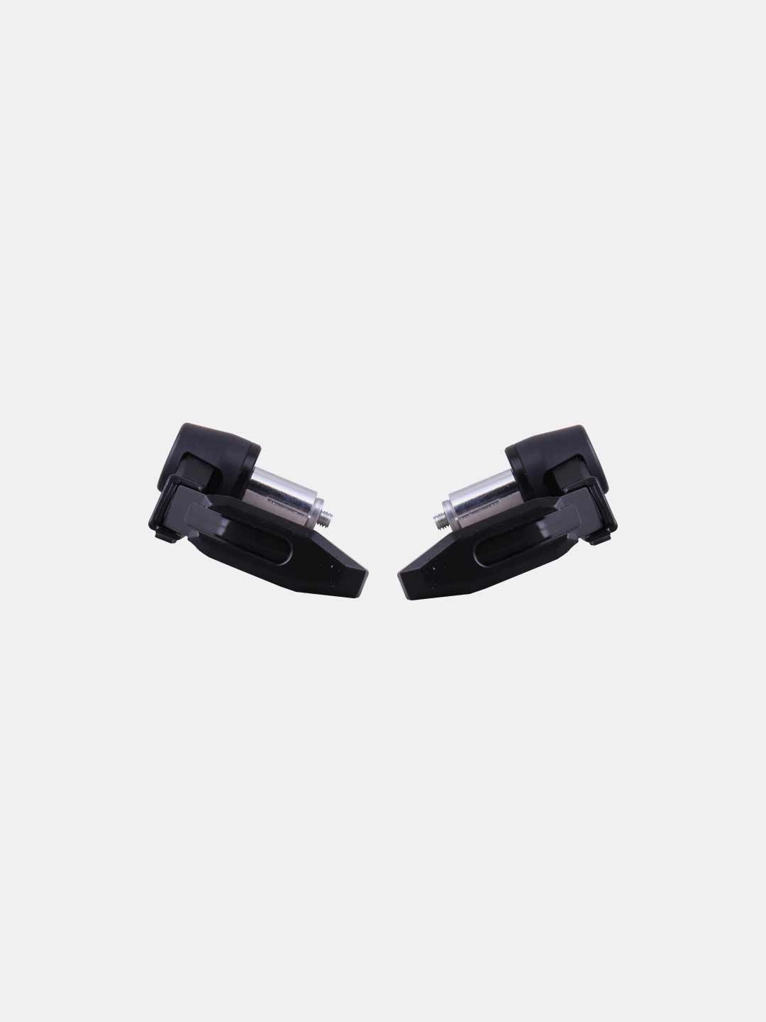 Pair of black motorcycle lever guards with silver bolts on white background