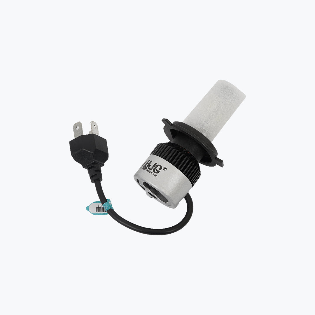 Motorcycle LED headlight bulb with power plug on white background