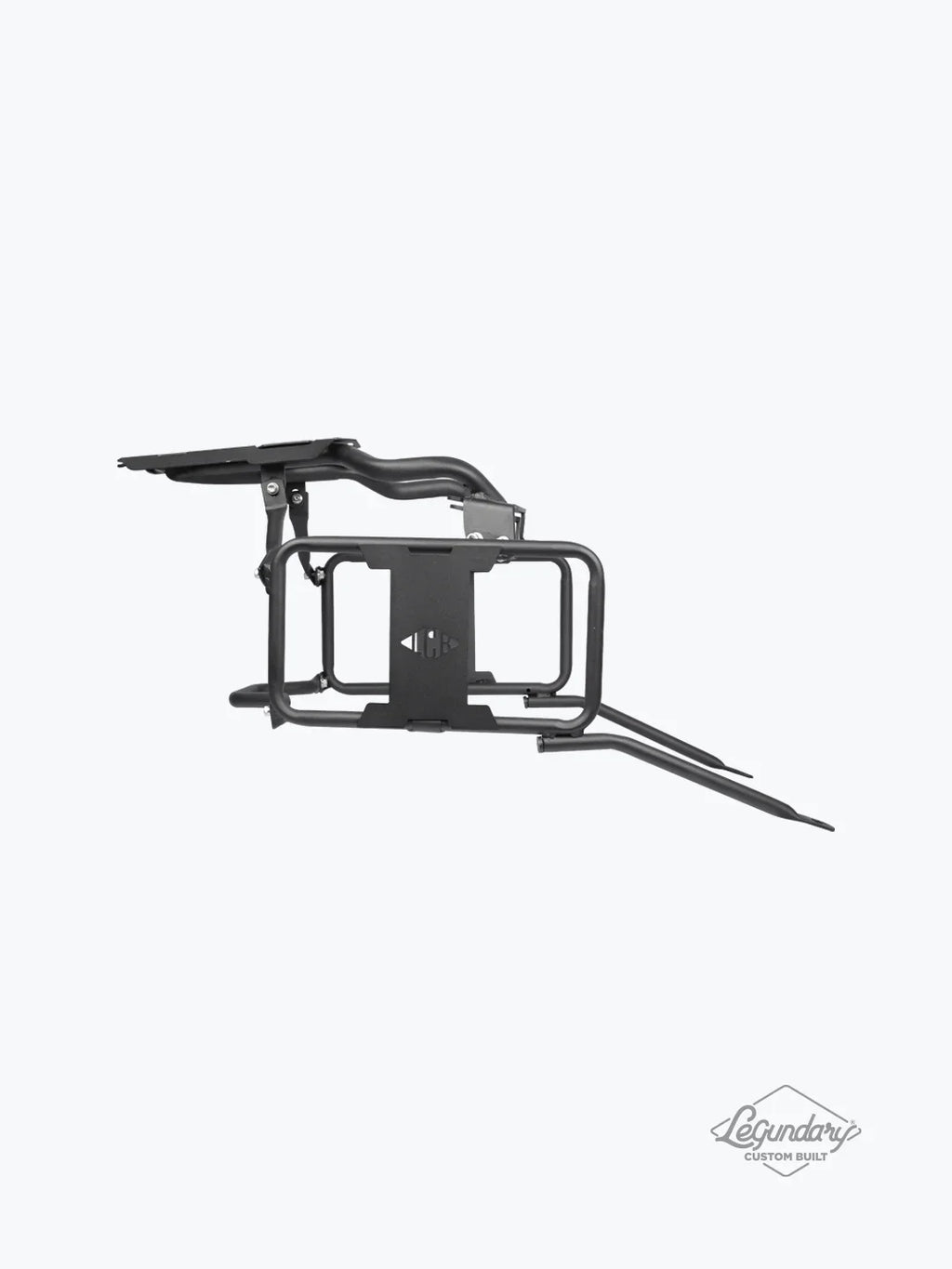 Black metal motorcycle saddle stay with carrier, custom-built, side profile on white background.