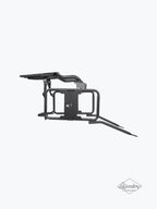 Black metal motorcycle saddle stay with carrier, custom-built, side profile on white background.