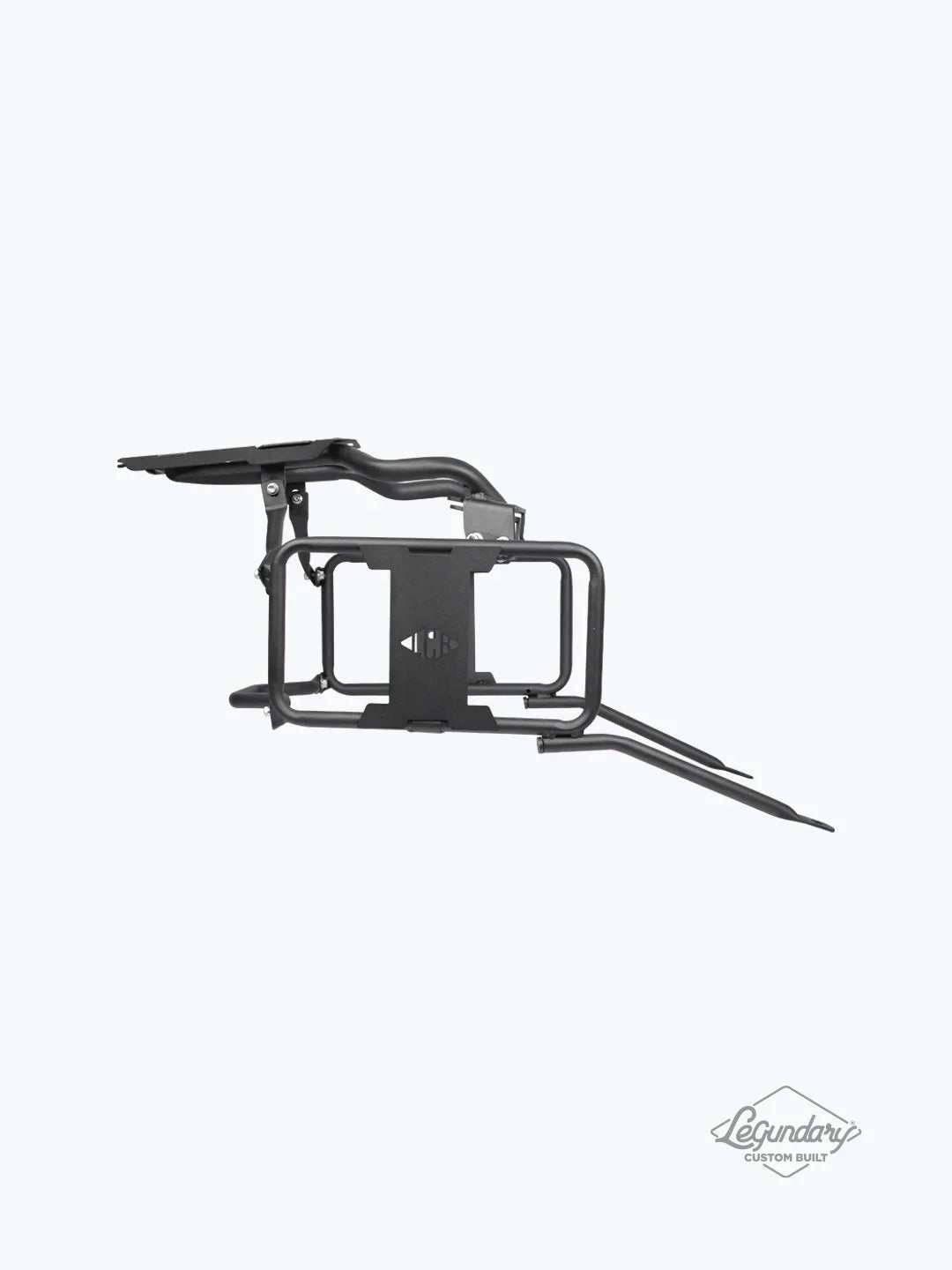 Black metal motorcycle saddle stay with carrier, custom-built, side profile on white background.