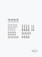Motorcycle saddle stay and carrier hardware kit with bolts, spacers, washers, and nuts arranged on a white background.