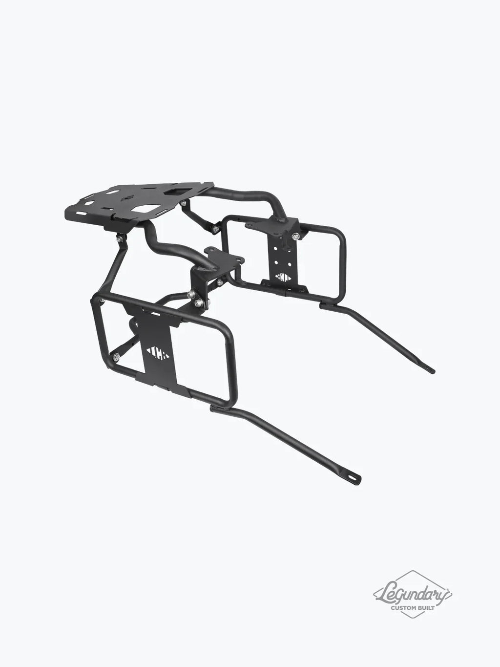 Motorcycle saddle stay with rear carrier, black metal frame, isolated on white background