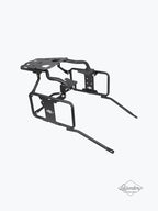 Motorcycle saddle stay with rear carrier, black metal frame, isolated on white background