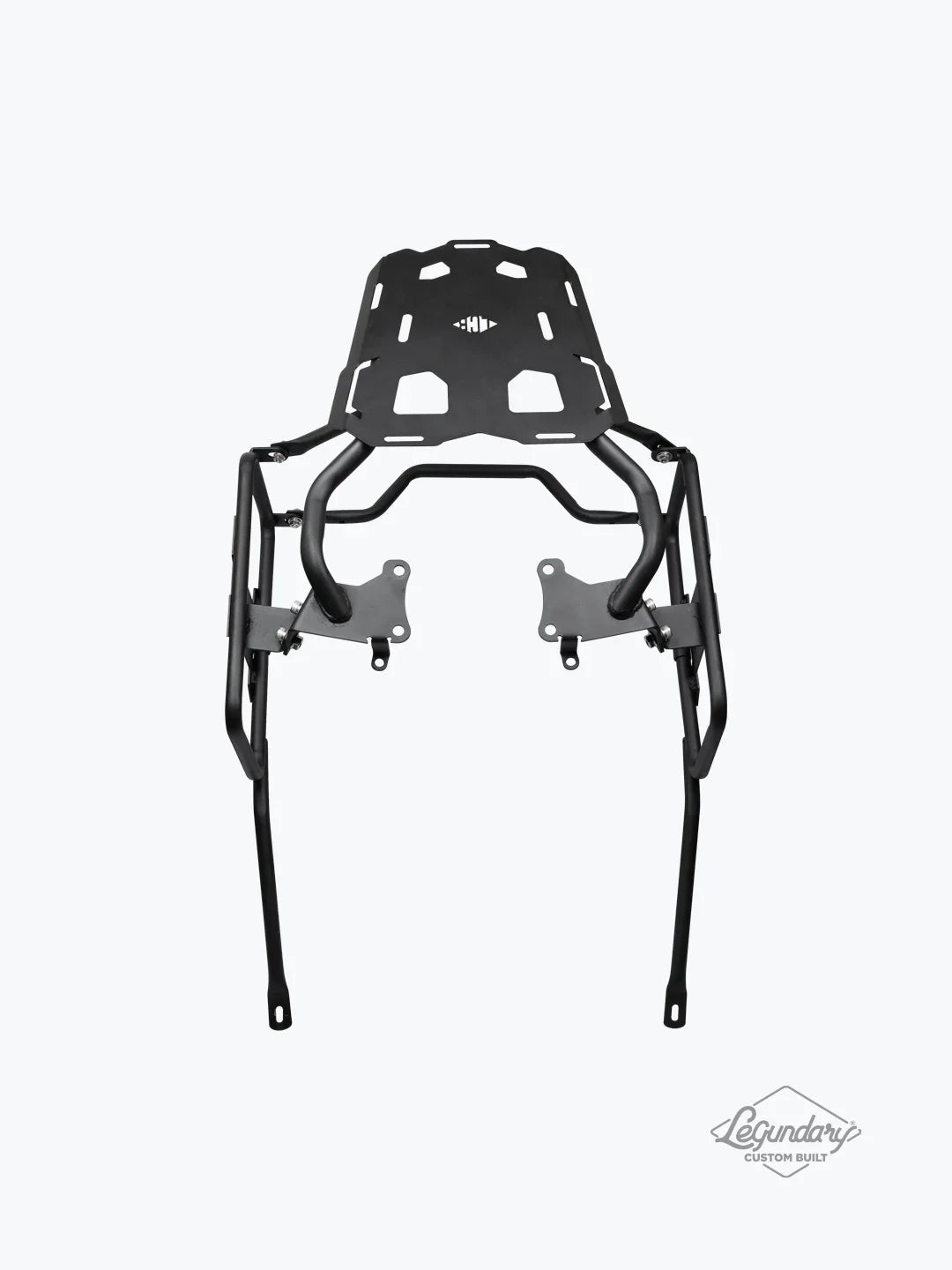 Motorcycle black metal saddle stay with rear luggage carrier, isolated on white background