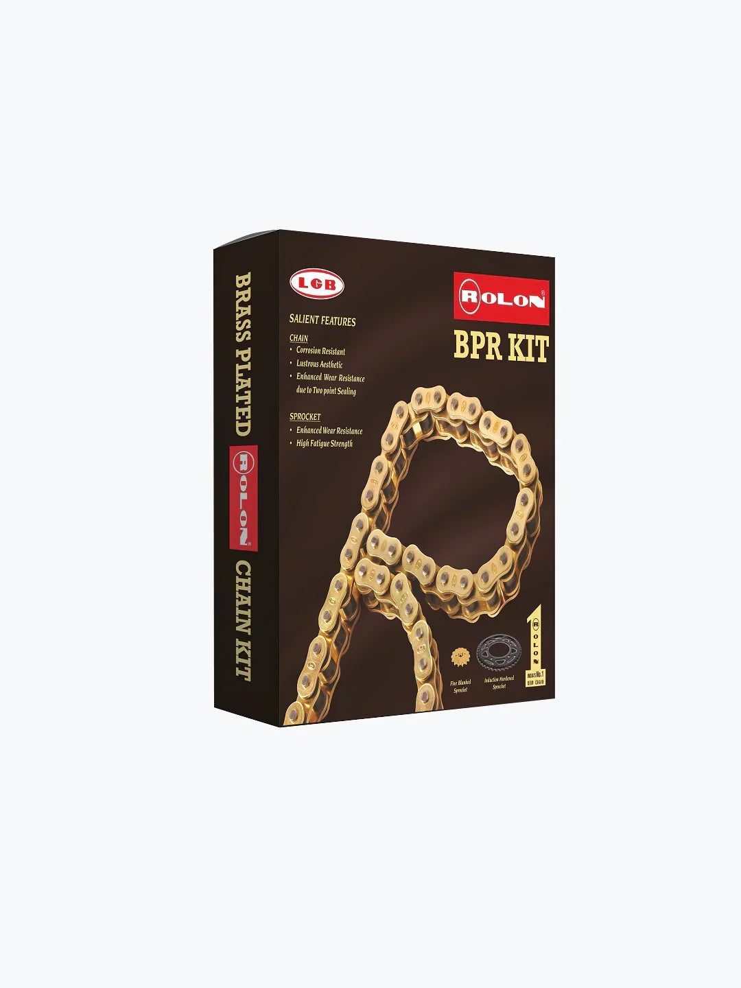 Rolon brass plated motorcycle chain kit box with product features and chain graphic