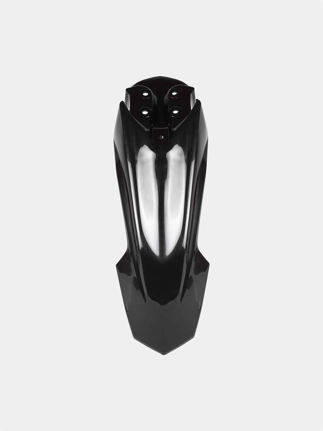 Black front mudguard for CRF150 dirt bike, glossy plastic finish, isolated on white background