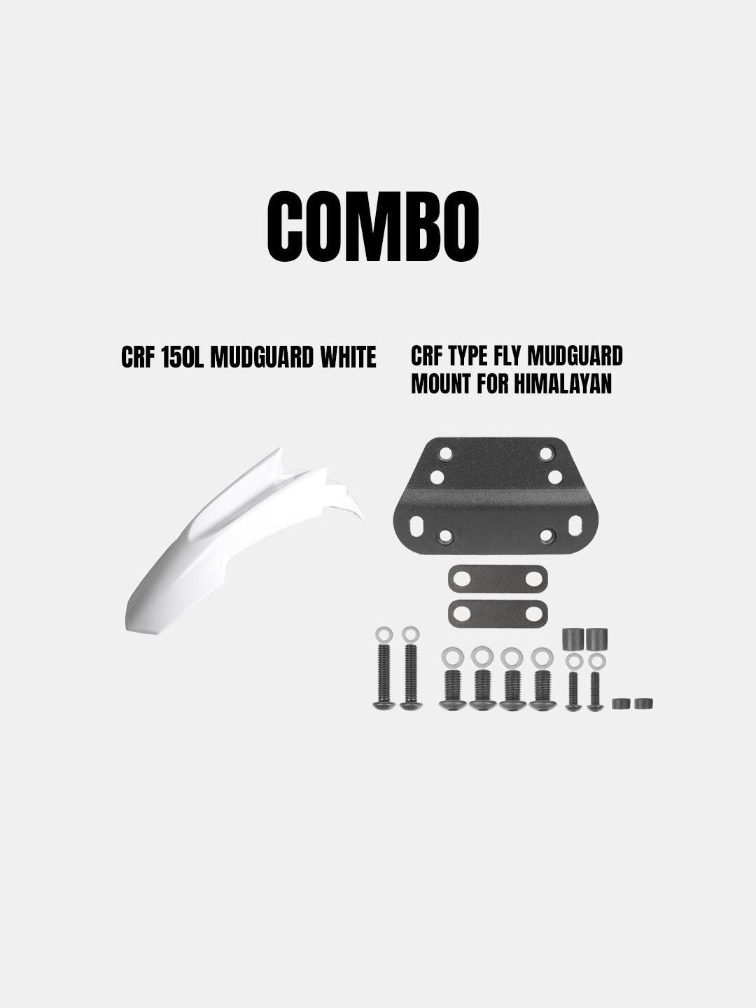 White CRF150L mudguard with mount kit and hardware for Himalayan motorcycle