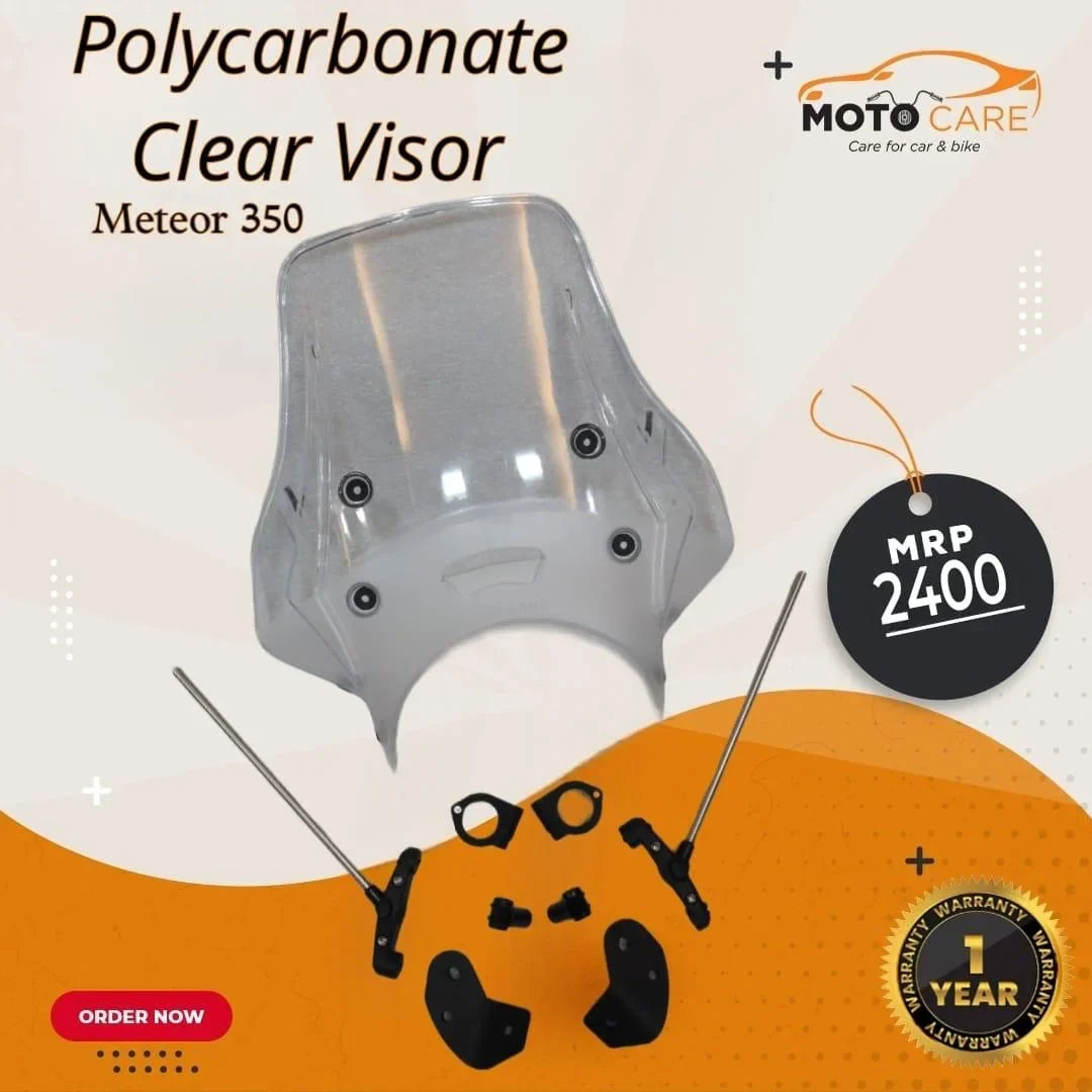 Polycarbonate clear visor for Meteor 350 with mounting hardware and 1-year warranty, price 2400.