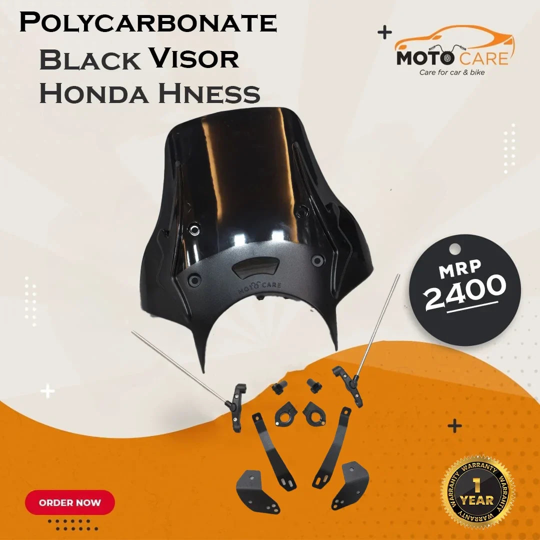 Polycarbonate black visor for Honda Hness with installation kit, 1 year warranty, MRP 2400
