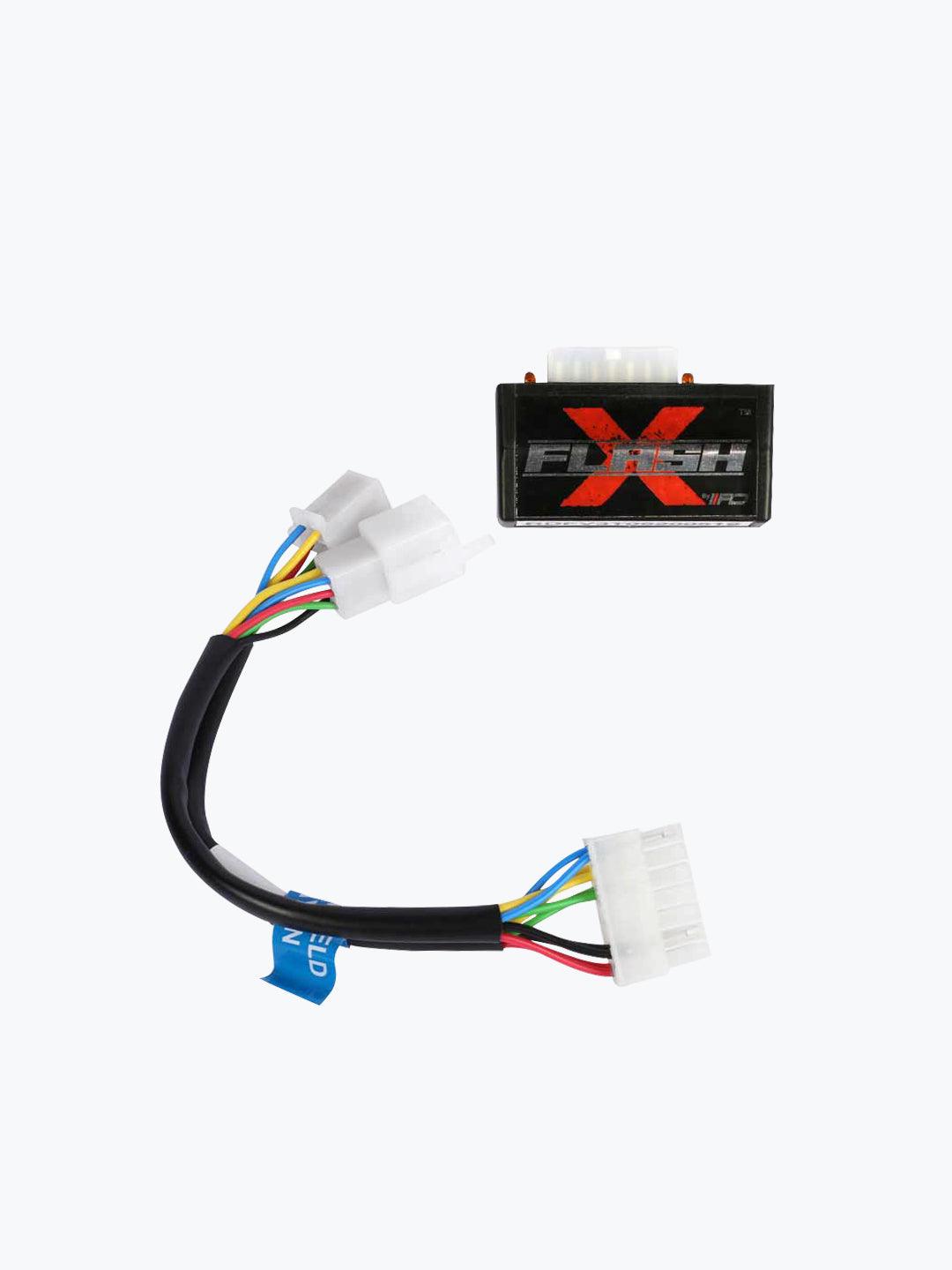 Motorcycle hazard flasher relay module with multi-colored wiring harness on white background