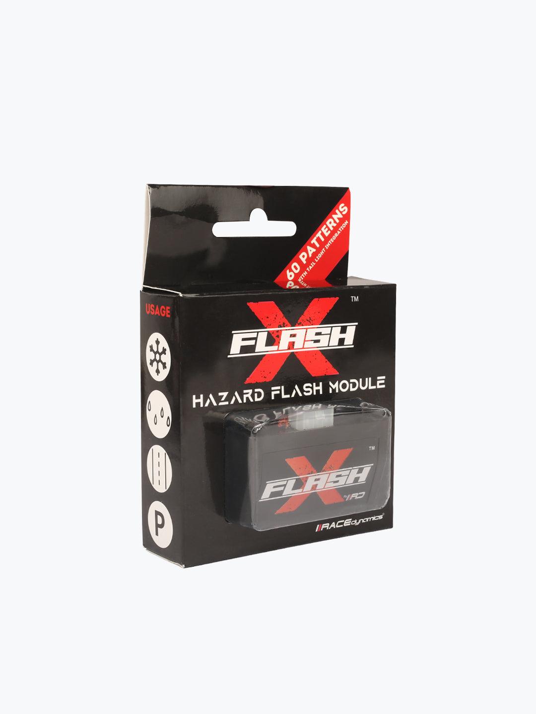 Black Flash X hazard flash module box for motorcycle with red and white accents