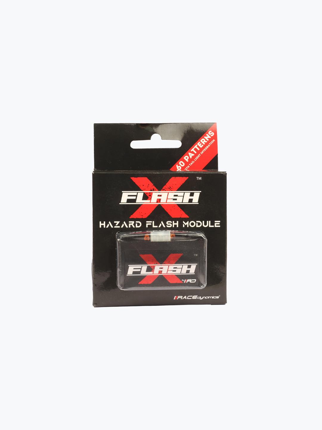 Flash X hazard flash module for motorcycles in retail packaging, black and red design