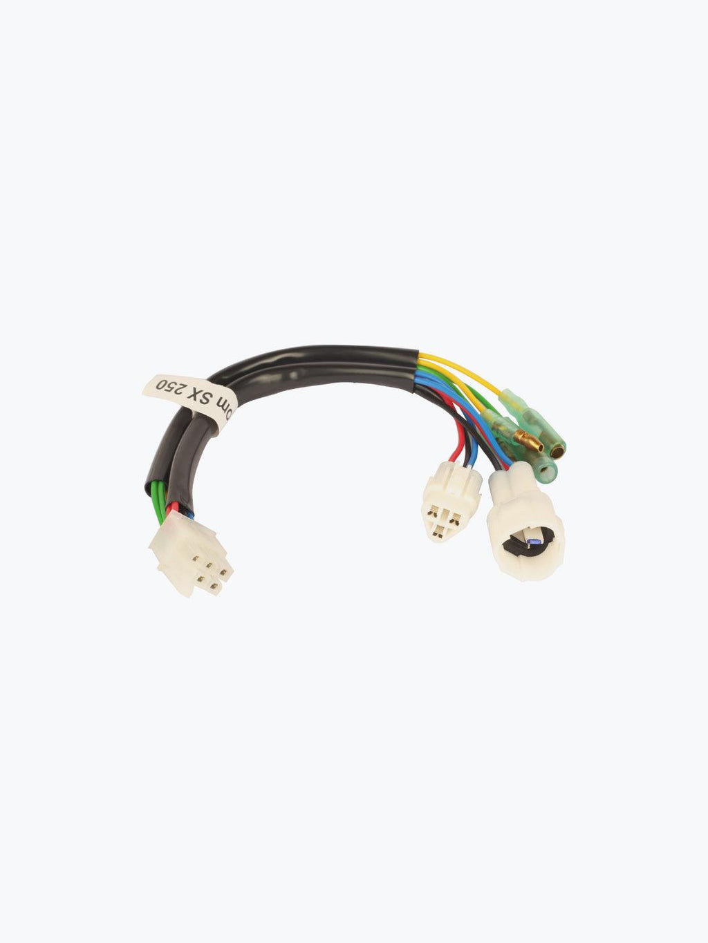 Motorcycle wiring harness with connectors for SX 250, multi-colored wires on white background