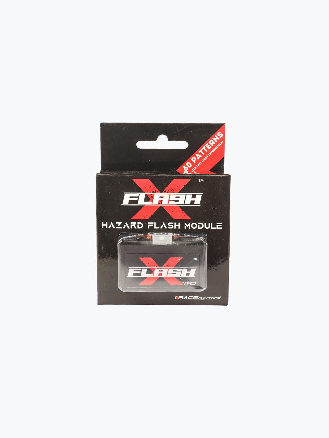 Flash X Hazard Flash Module packaging for motorcycle indicator lights, black box with red X logo