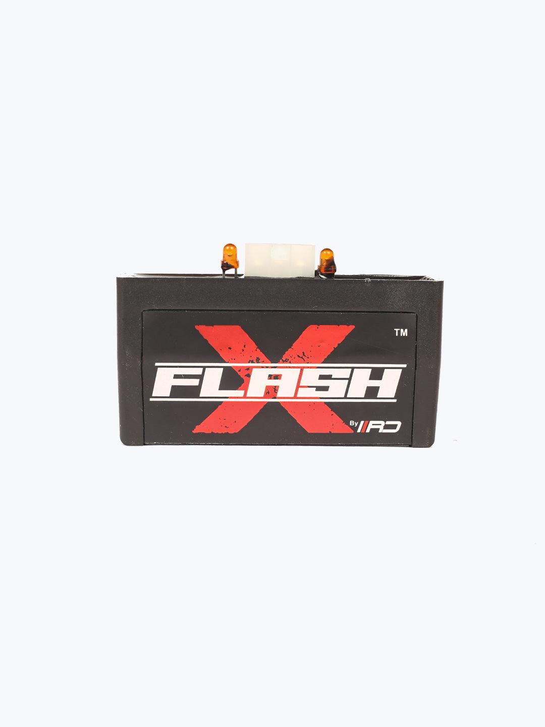Flash X electronic flasher relay for motorcycle, black rectangular unit with red X logo