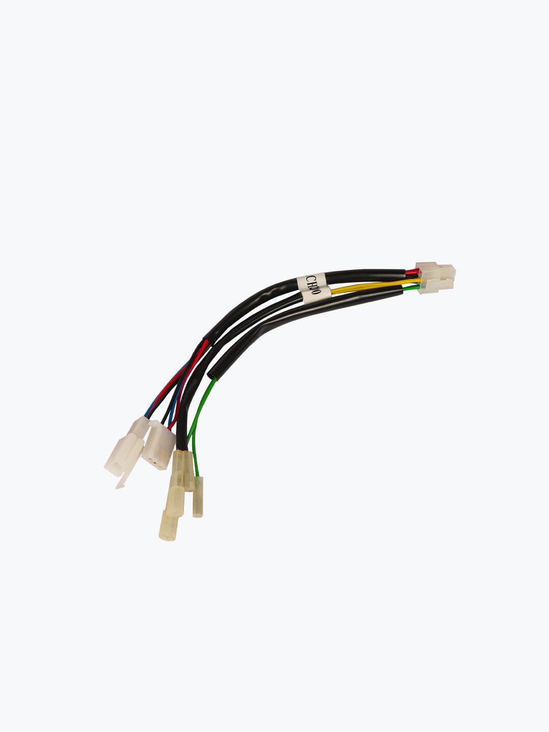 Motorcycle wiring harness with multiple connectors and colored wires on white background