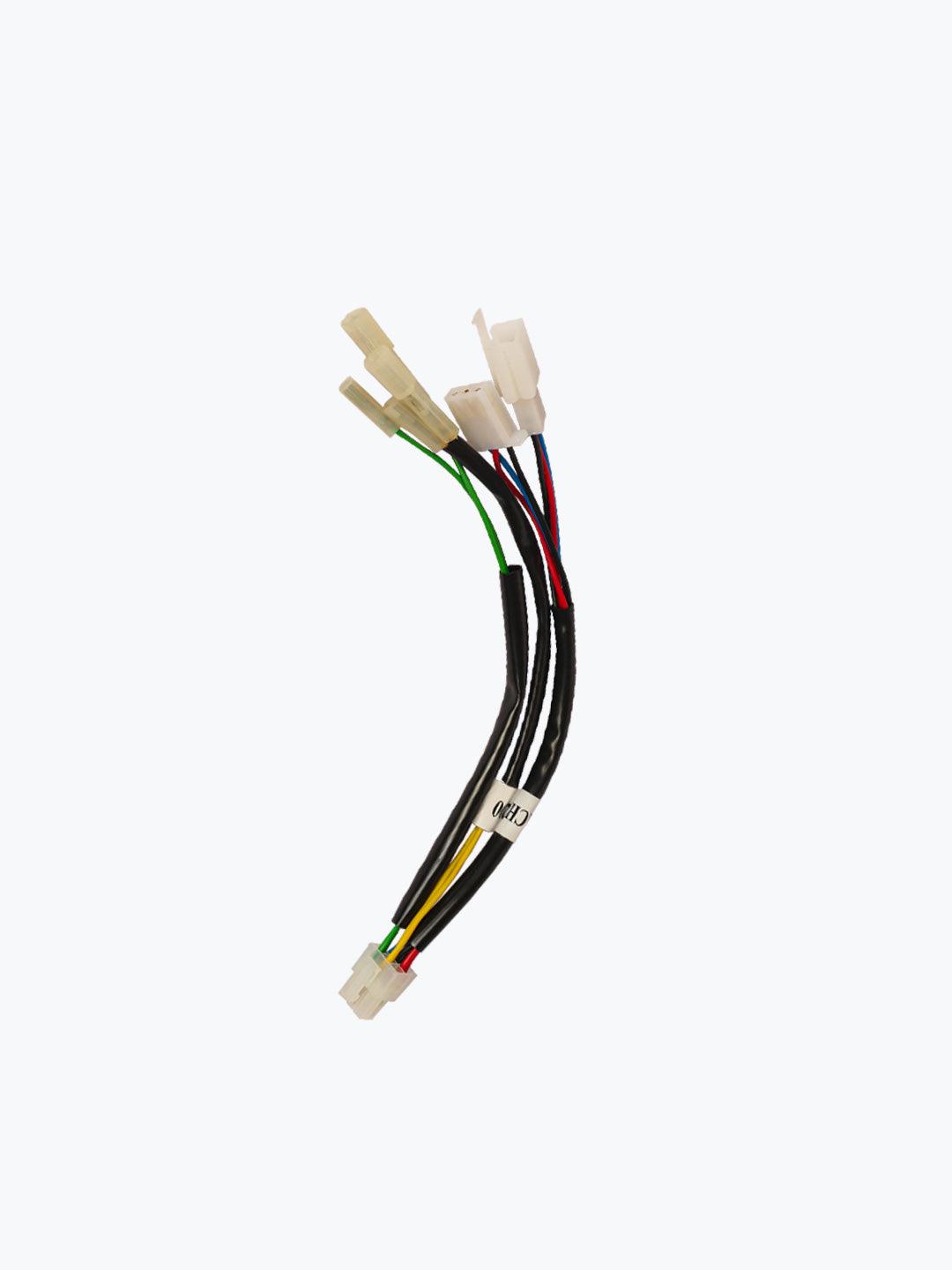 Motorcycle wiring harness with connectors and multi-colored wires on white background