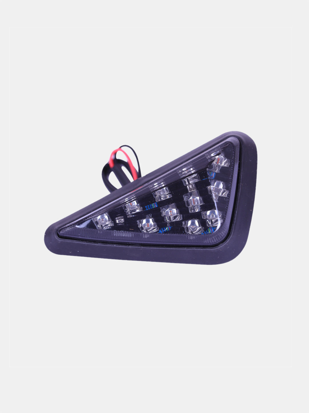Triangular LED motorcycle tail light with black housing and visible wiring on white background