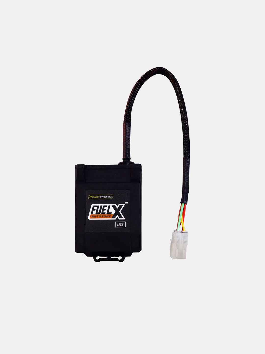 Motorcycle FuelX Lite autotune module with wiring connector, isolated on white background