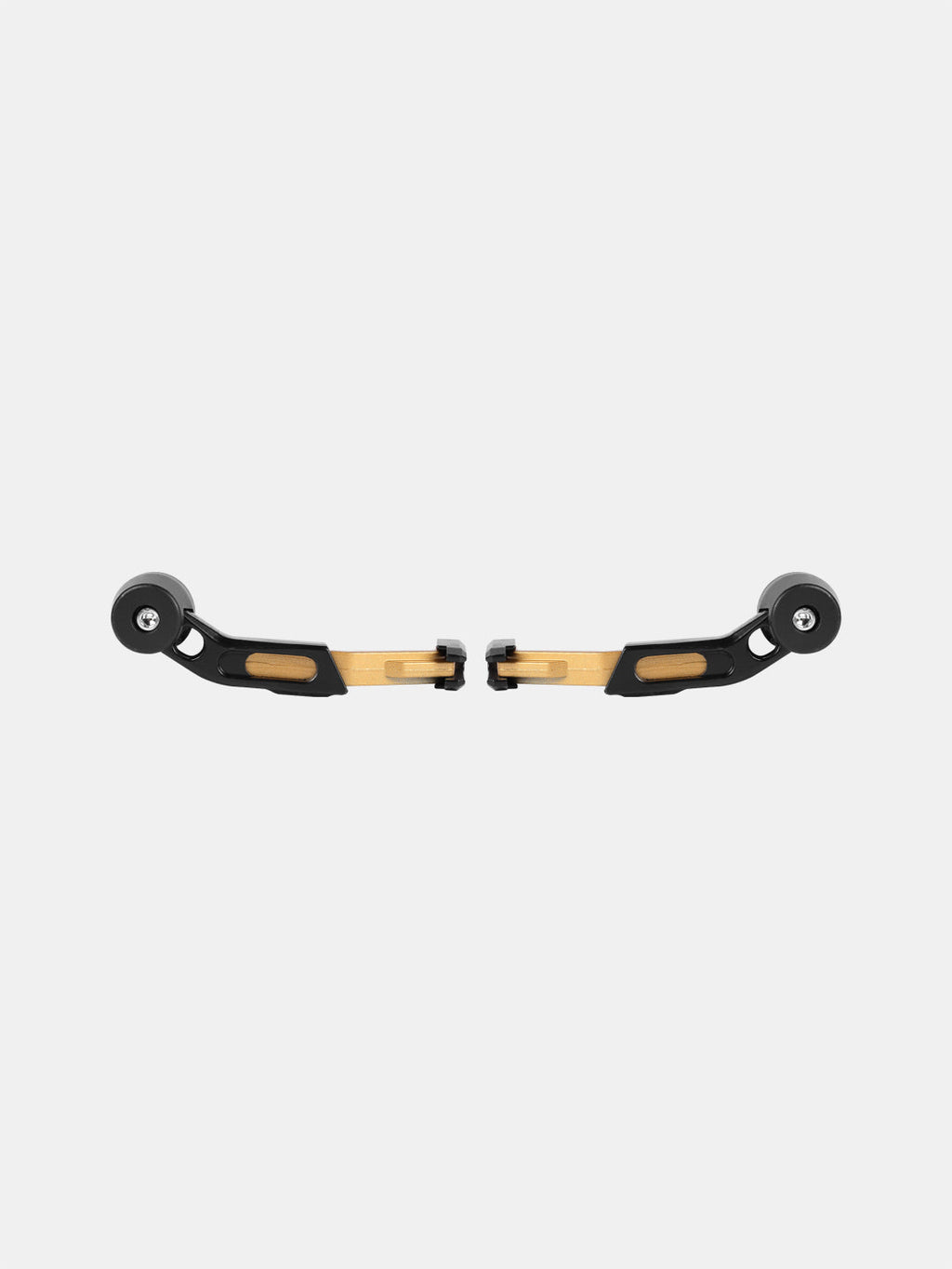 Pair of gold and black motorcycle handlebar levers with sliders on white background