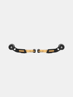 Pair of gold and black motorcycle handlebar levers with sliders on white background