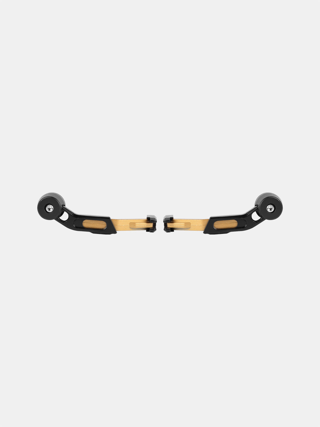 Pair of gold and black motorcycle handlebar levers with sliders on white background