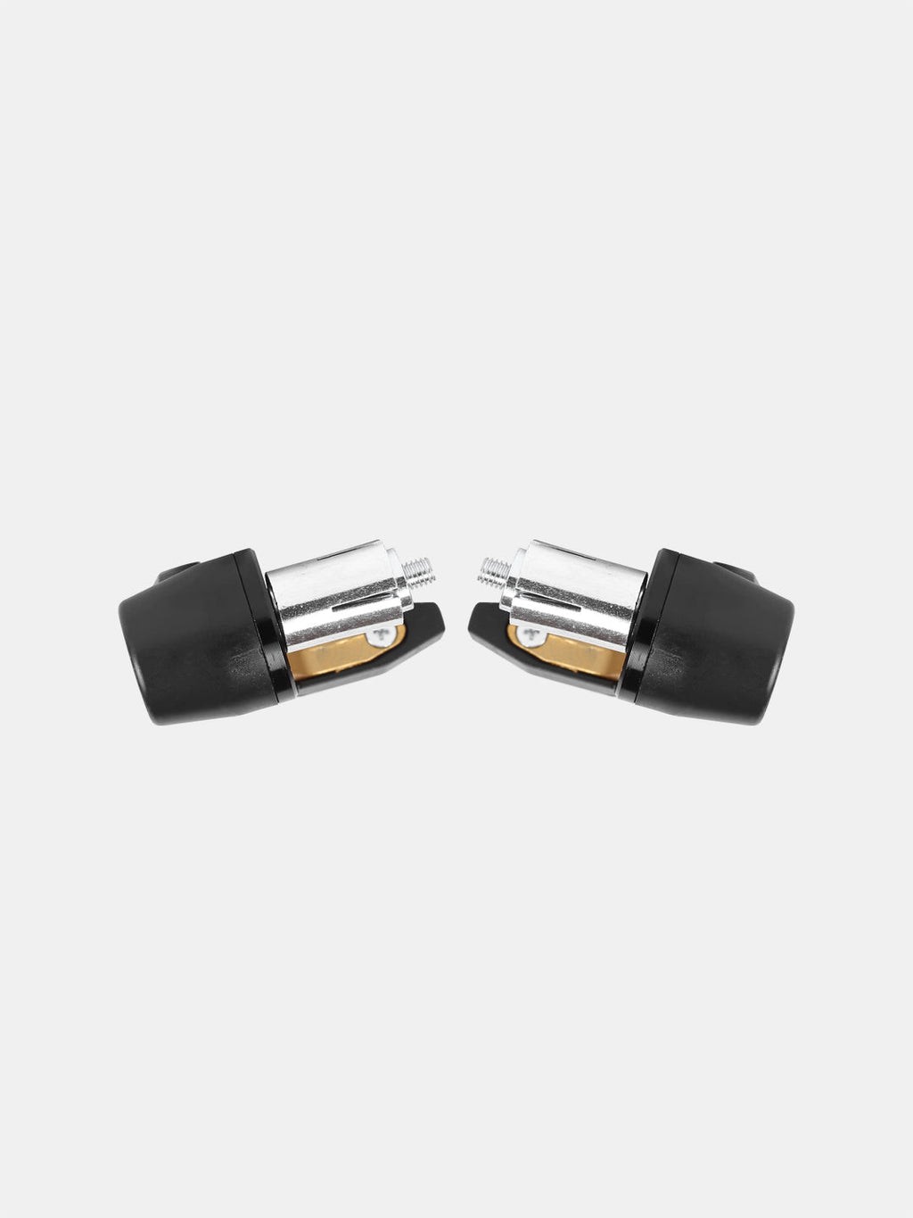 Pair of black and silver motorcycle handlebar end weights on white background