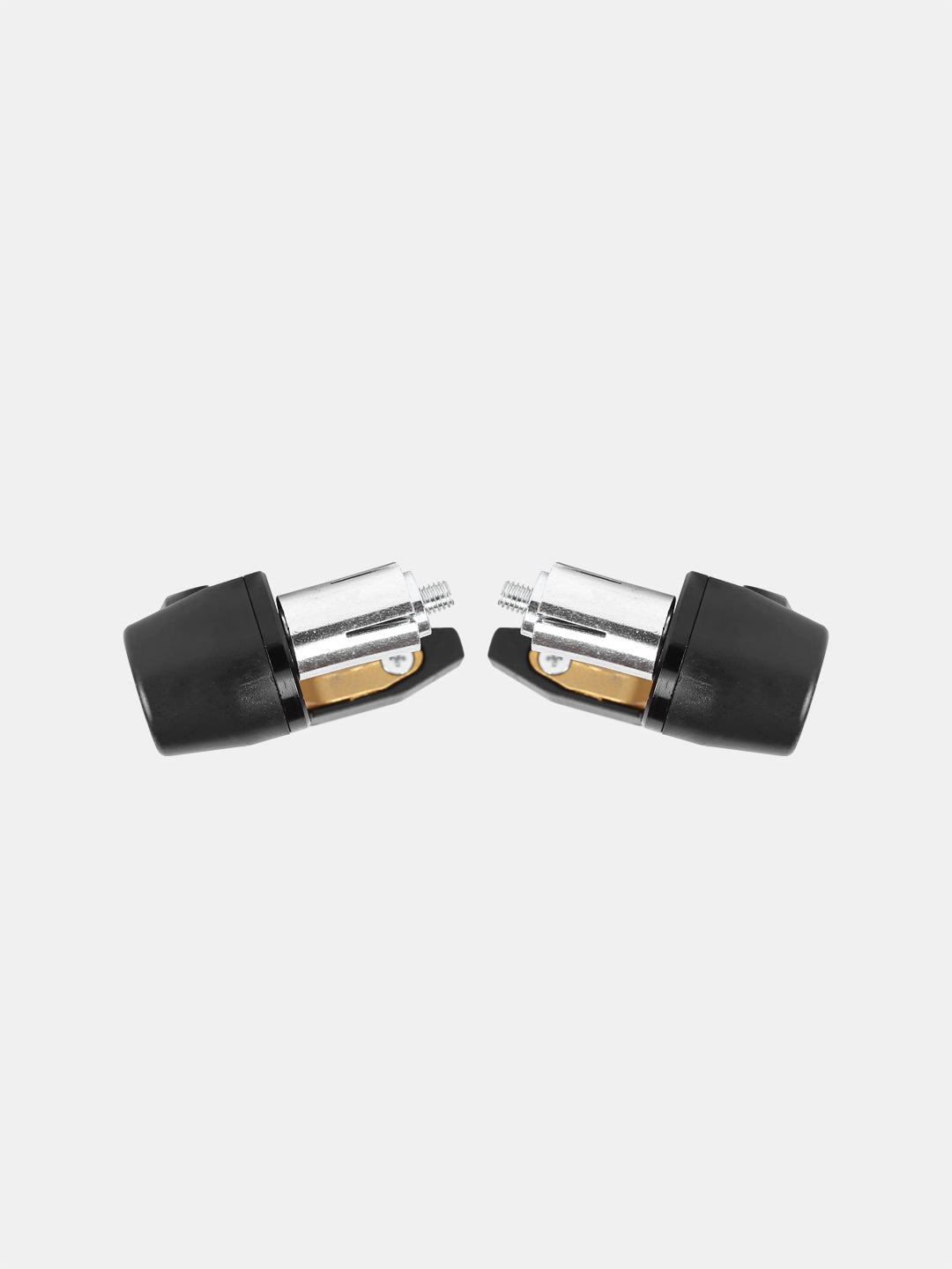 Pair of black and silver motorcycle handlebar end weights on white background