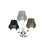 Three polycarbonate motorcycle visors in black, clear, and smoke colors with mounting hardware