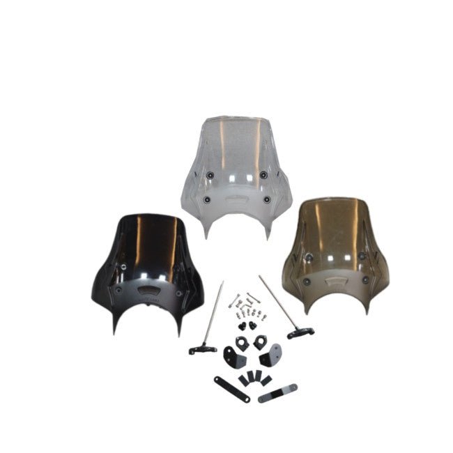 Three polycarbonate motorcycle visors in black, clear, and smoke colors with mounting hardware