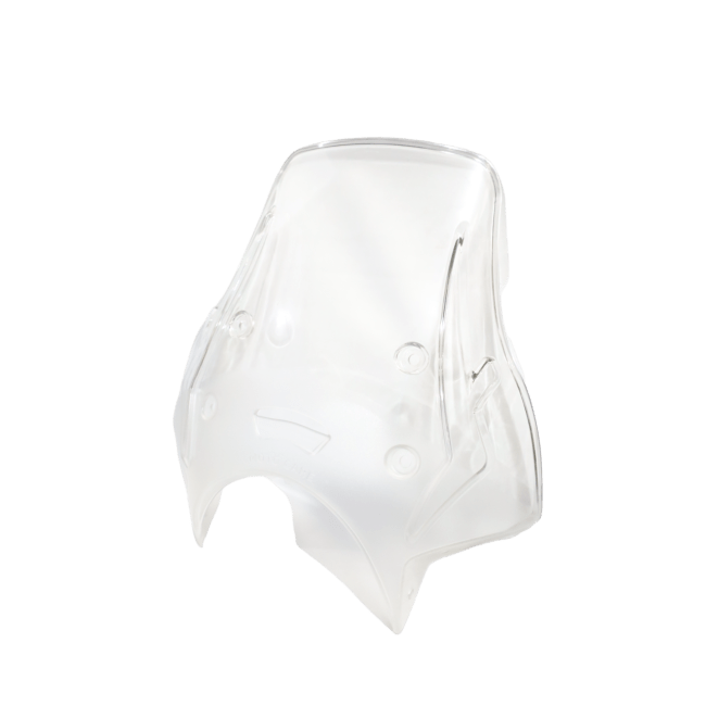Clear polycarbonate motorcycle visor with mounting points, isolated on white background