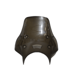 Smoke-tinted polycarbonate motorcycle visor with mounting points, clear and curved design