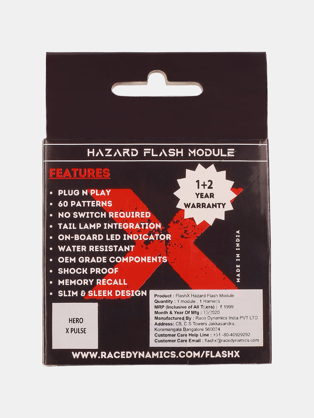 Hazard flash module packaging for Hero X Pulse, listing features like waterproof, shockproof, 60 patterns.