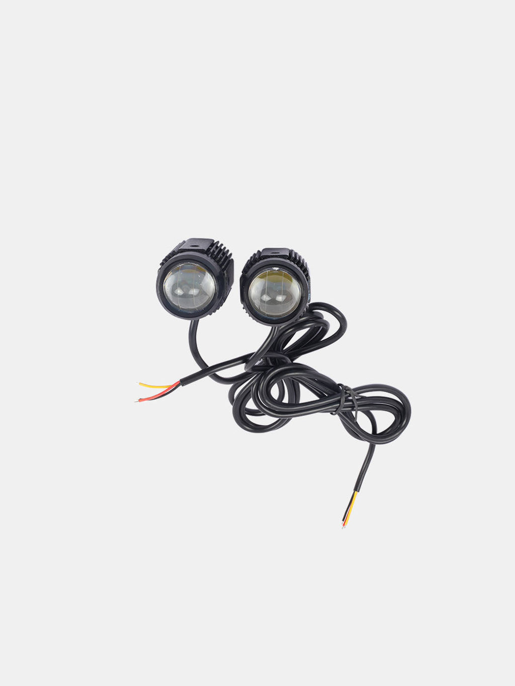 Pair of round motorcycle auxiliary LED fog lights with wiring on a white background