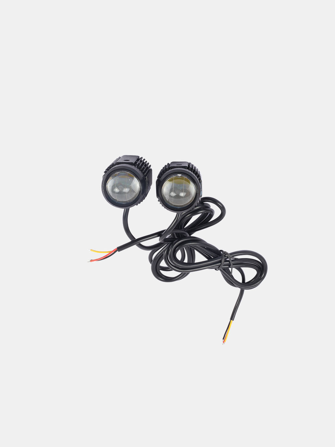 Pair of round motorcycle auxiliary LED fog lights with wiring on a white background
