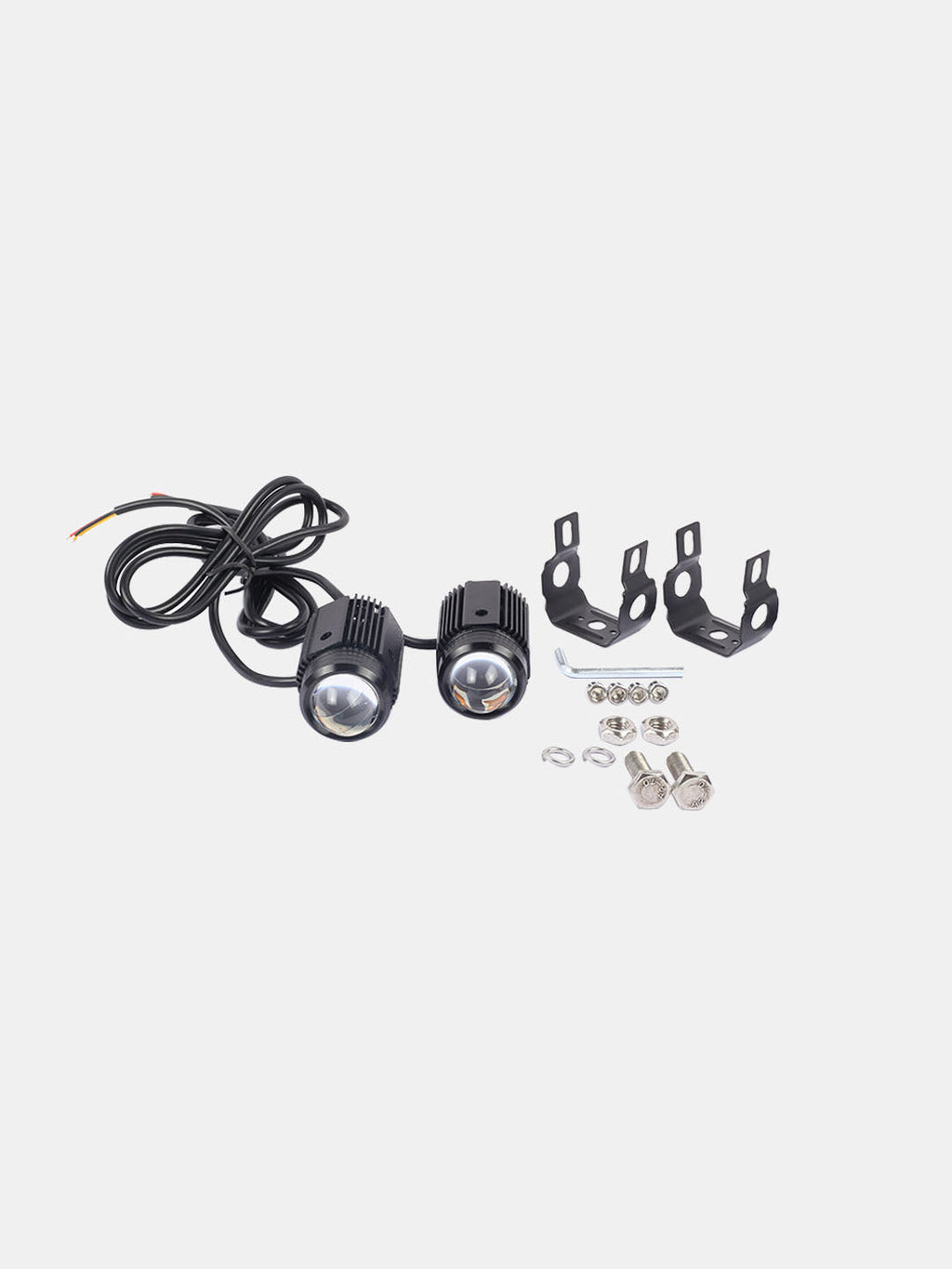 Pair of mini motorcycle fog lights with mounting brackets and hardware on white background