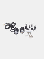 Pair of mini motorcycle fog lights with mounting brackets and hardware on white background