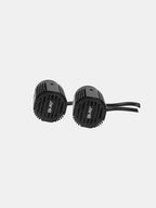 Pair of round black motorcycle LED fog lights with cooling fins on white background
