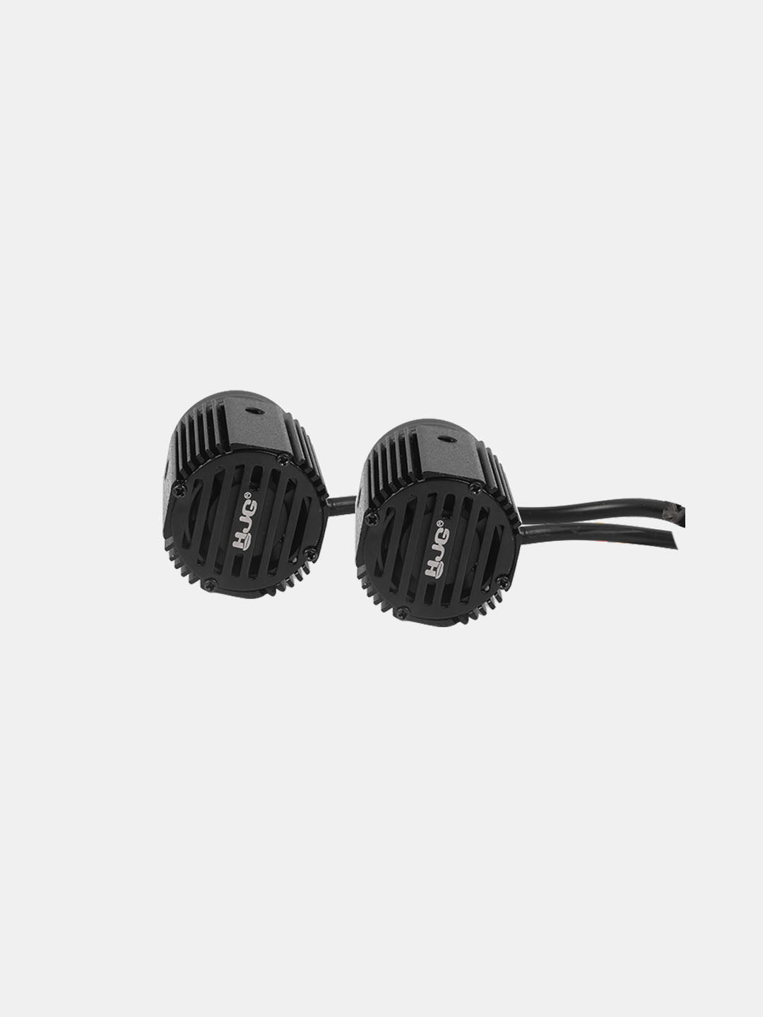Pair of round black motorcycle LED fog lights with cooling fins on white background