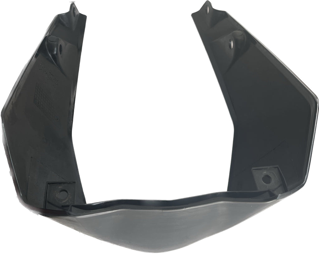 Black motorcycle rear fender plastic cover with mounting holes, isolated on white background