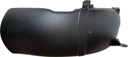 Black plastic motorcycle air filter cover with mounting tabs, isolated on white background