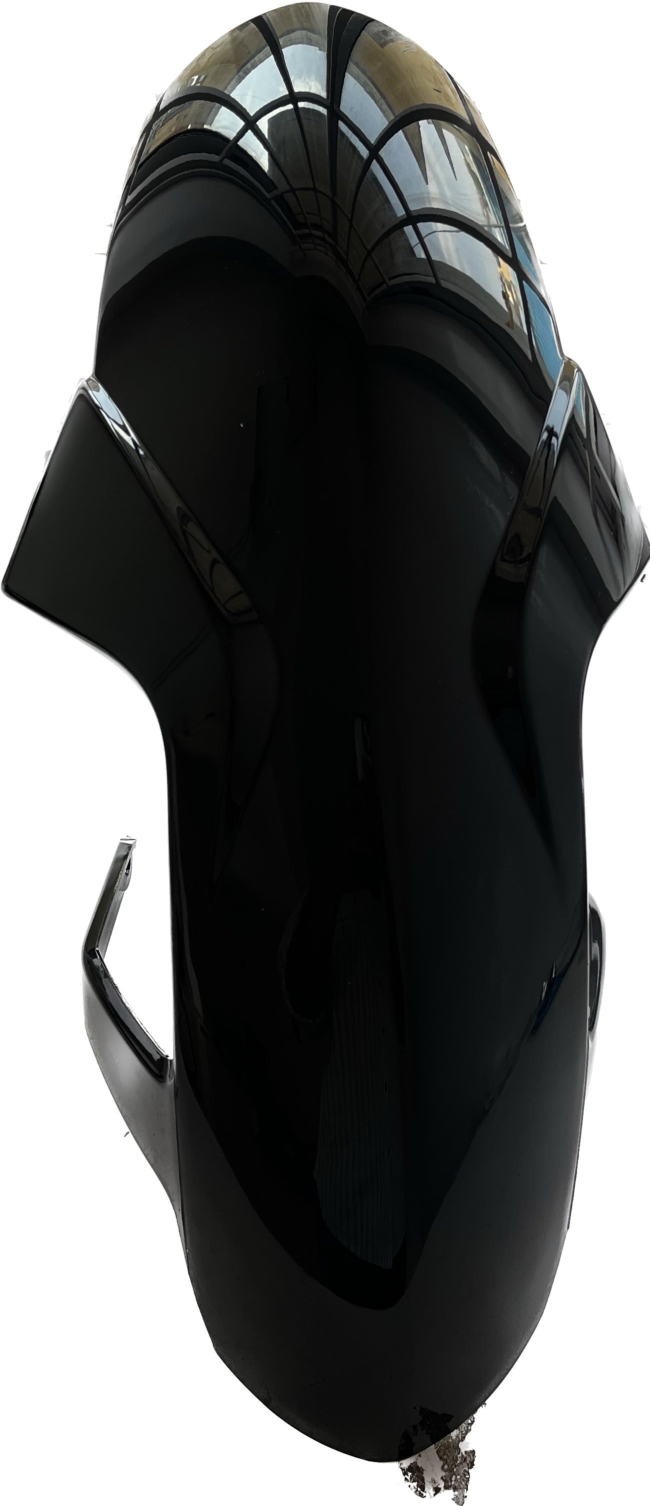 Glossy black motorcycle front fairing with aerodynamic design on white background