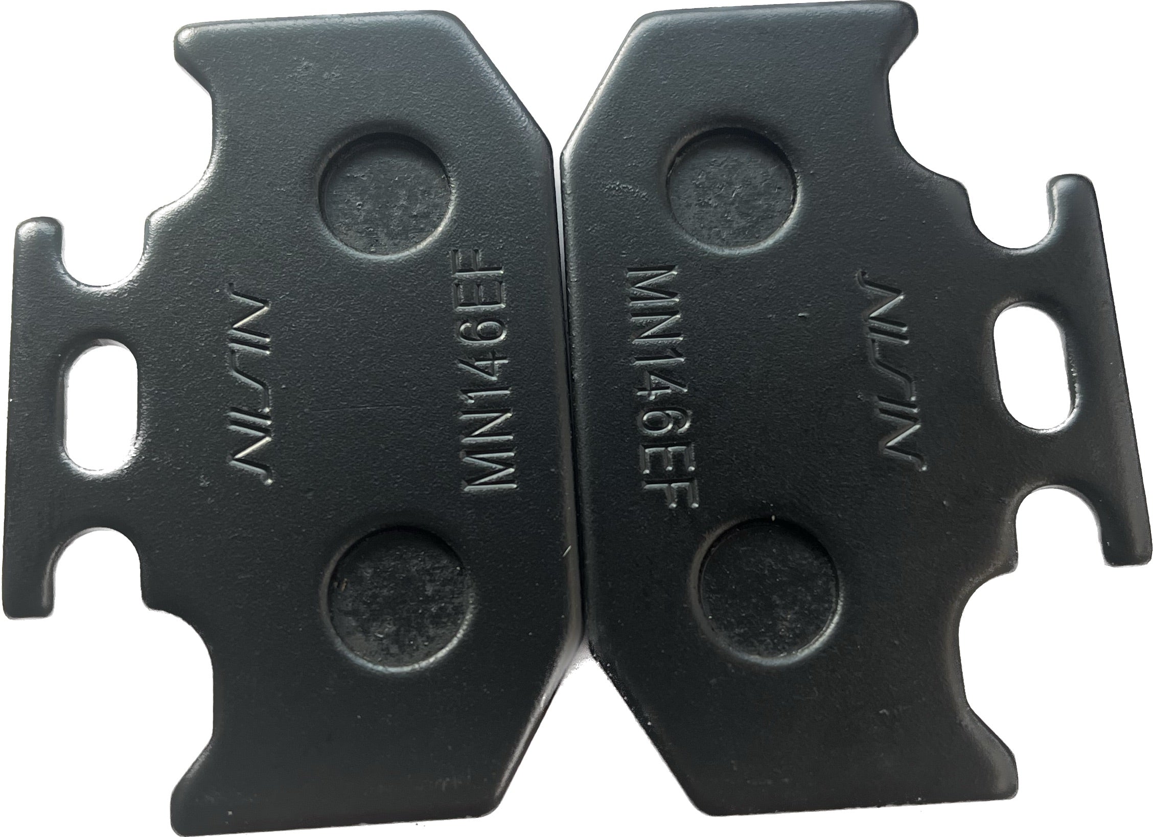 Pair of Nissin MN146EF motorcycle brake pads in black, close-up view