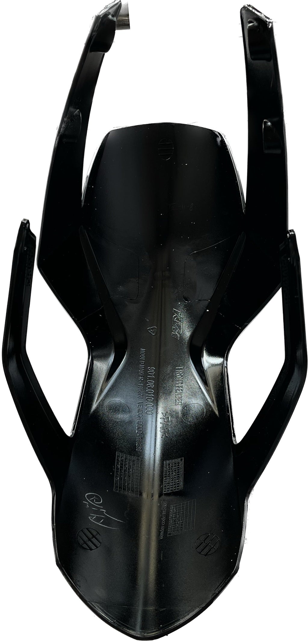 Black motorcycle fairing panel part with mounting points and glossy finish on white background