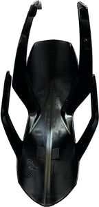 Black motorcycle fairing panel part with mounting points and glossy finish on white background
